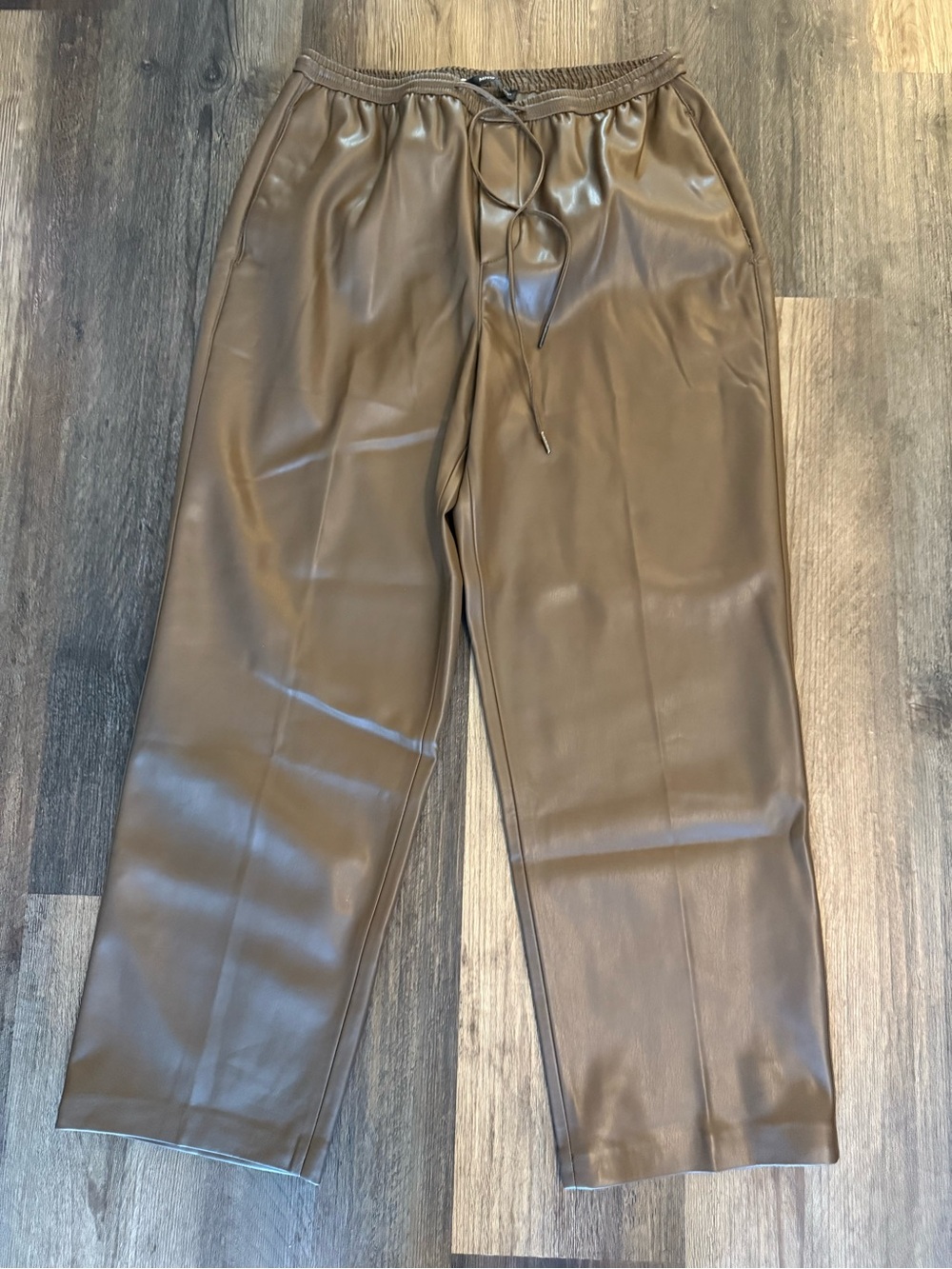 NWOT MNG chocolate brown drawstring leather pants, size medium